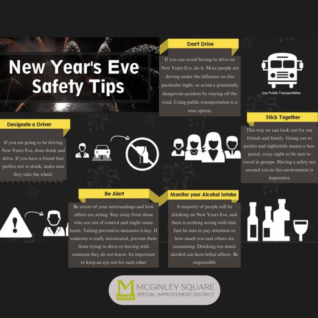 As 2024 ends, make safety your first step in 2025. 
Safety first, Cheers second ✅

#goodbye2024 #hello2025 #nye2025 #newyearsevesafety #celebrateresponsibly #ringin2025 #newyearcelebration #endofyear2024 ##mcginleysquarejc #mcginleysquarespecialimprovementdistrict #mssid #sid
