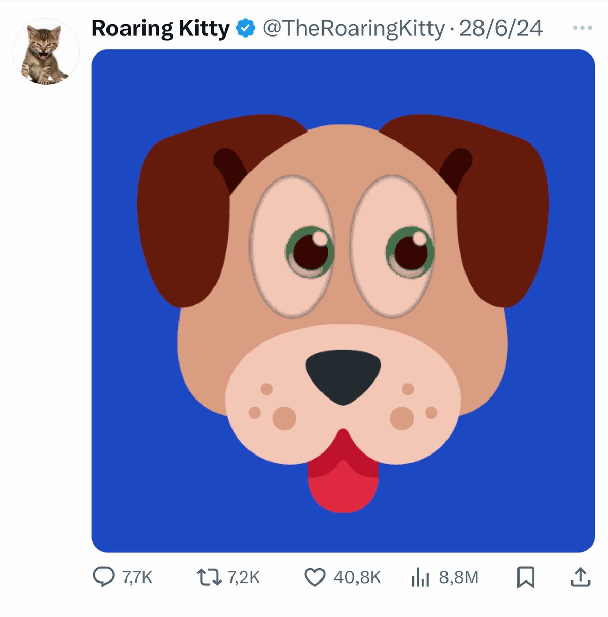 Roaring Kitty - "I am not a Cat..."
The journey from $50,000 to $30,000,000.

Is Roaring Kitty the top 2 holder 🐕?

If you say that the 🐕 emoji is only for us Vietnamese to scoop up, just a small Vietnamese wave, then I think we should have a different perspective after