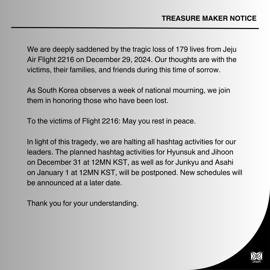 #TREASUREMAKER_NOTICE

Honoring the victims of Flight 2216—our hearts are with you during this time of mourning.

Thank you for understanding. 🙏