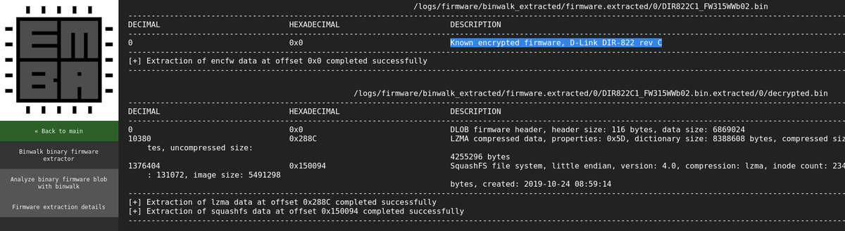 Just in time for a happy new year with better firmware analysis. Now with the enhanced binwalk decryptor available in EMBA. SBOM, known vulnerabilities, static analysis, emulation and much more (Screenshots from DIR-822 Rev C) github.com/e-m-b-a/emba