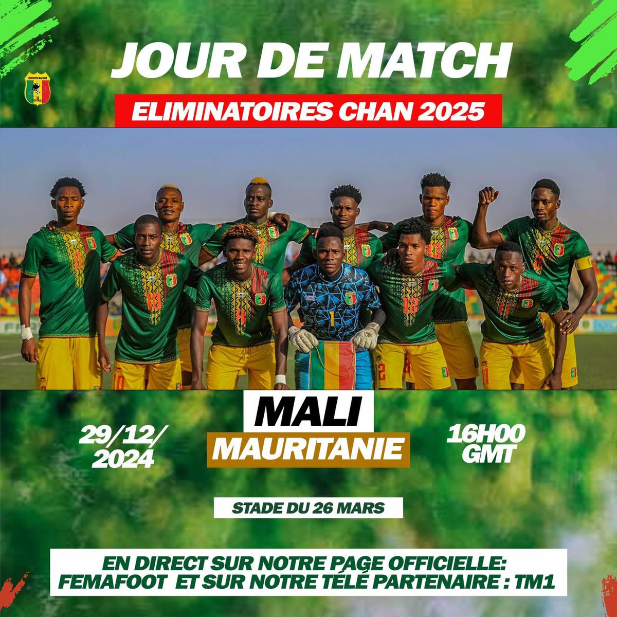 𝙅𝙊𝙐𝙍 𝘿𝙀 𝙈𝘼𝙏𝘾𝙃 : #Mali 🇲🇱 ⚔️ 🇲🇷 #Mauritanie 
🕔 Coup d’envoi : 16h00 - GMT
🏟️ Stade du 26 Mars de Bamako

Match à suivre en direct sur notre Page Facebook officielle, également sur notre télévision partenaire : <a href="/TM1TV223/">TM1 TV</a>