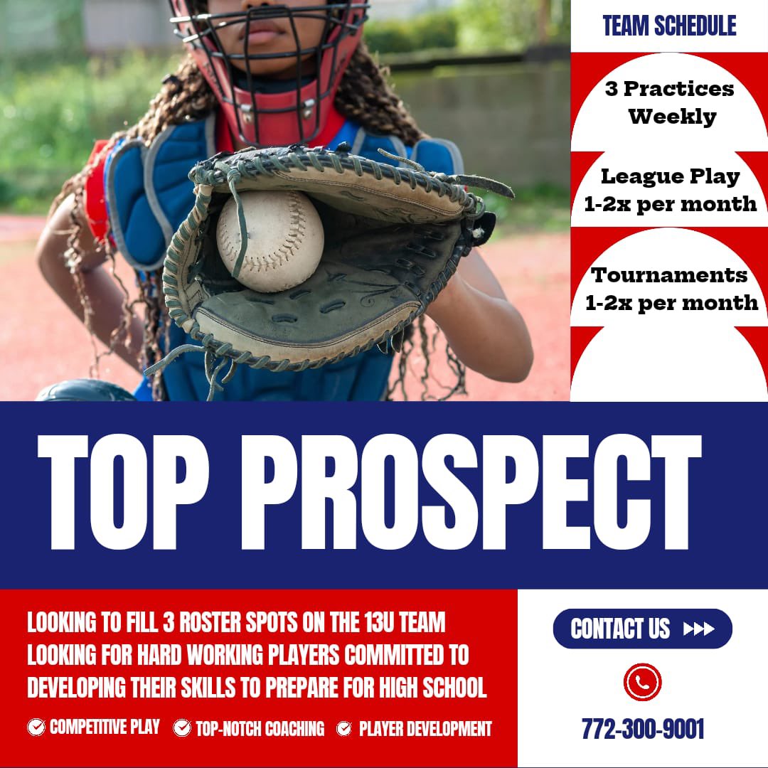 ⚾️ 13U Baseball Team Tryouts! 
Are you ready to step up to the plate and take your game to the next level? We’re looking for talented, hardworking, and passionate players to join our competitive 13U baseball team for the upcoming season!
Call for a private tryout 7723009001