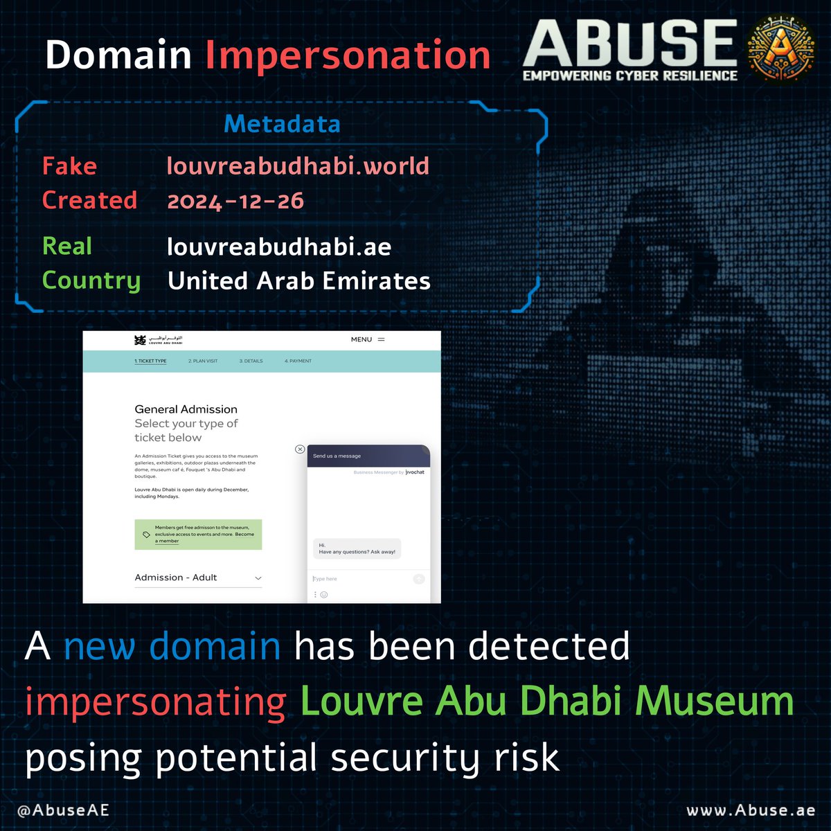 AbuseAE's tweet photo. 🚨 Phishing Alert 🚨
A fake domain impersonating the Louvre Abu Dhabi Museum has been detected: louvreabudhabi[.]world
📅 Registered on: 2024-12-26

🔗 Official domain: https://t.co/QvTp2kWCDu

#CyberSecurity #PhishingAlert #UAE @LouvreAbuDhabi https://t.co/CoagM3WaFJ