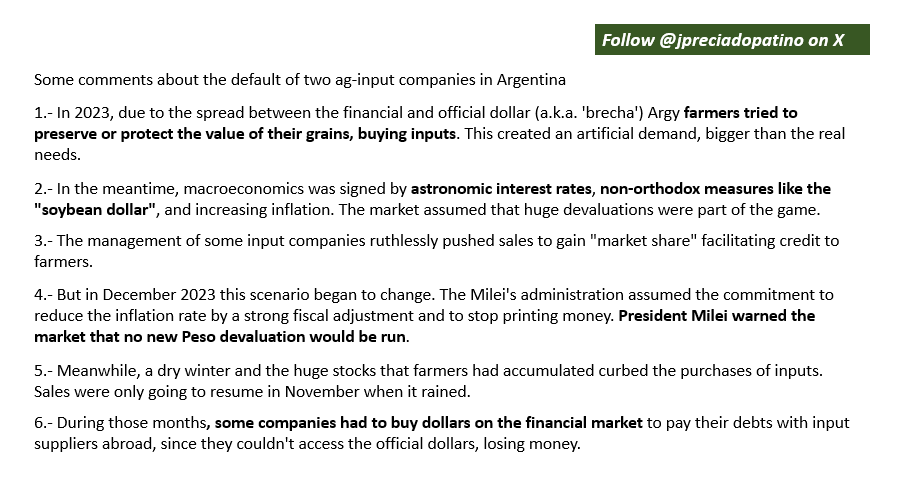 jpreciadopatino's tweet photo. Trying to clarify news about the default of ag-input companies in Argentina. #soybean #grains #agribusiness #default #grobo #agrofina #surcos https://t.co/kTIrdO3hIR