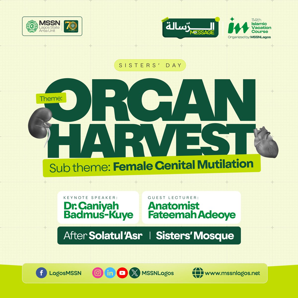 MSSNLagos's tweet photo. *Dearest Sisterrsss, come closer...this is for you 🤭. Let’s talk about a topic that truly matters.*
Join us this *Sisters' Day* as we explore the theme *Organ Harvest* focusing on the sensitive issue of *Female Genital Mutilation.*
#MSSNLagos #114thIVC #DecemberIVC #IVC2024 https://t.co/brdhRK6aqv