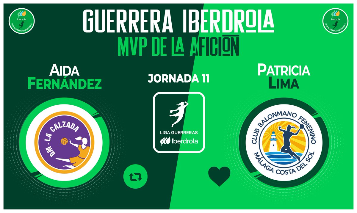Liga Guerreras Iberdrola (@iberdroladhf) on Twitter photo ⭐ ¡Vota YA para elegir a la #GuerreraIberdrola de la Jornada 1⃣1⃣ en la #LigaGuerrerasIberdrola!
🆚 <a href="/CBLaCalzada/">Club Balonmano MotiveMarket.com La Calzada</a> 19:25 <a href="/BMMalagaCosta/">Costa del Sol Málaga</a>
♻️ RT: <a href="/aidaafdezz/">Aida Fernández Pérez</a>
❤️ Me gusta: <a href="/patricialima_19/">Patrícia Lima</a>
#⃣ #SheLovesHandball ⭐ ¡Vota YA para elegir a la #GuerreraIberdrola de la Jornada 1⃣1⃣ en la #LigaGuerrerasIberdrola!
🆚 <a href="/CBLaCalzada/">Club Balonmano MotiveMarket.com La Calzada</a> 19:25 <a href="/BMMalagaCosta/">Costa del Sol Málaga</a>
♻️ RT: <a href="/aidaafdezz/">Aida Fernández Pérez</a>
❤️ Me gusta: <a href="/patricialima_19/">Patrícia Lima</a>
#⃣ #SheLovesHandball