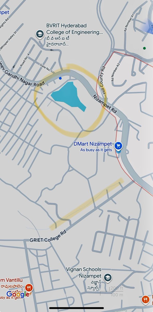 Sridharmacha's tweet image. ⁦@Comm_HYDRAA⁩ This lake on Nizampet to Bachupally road is shrinking as building waste is getting dumped around the lake (marked in yellow). Also lot of building waste is getting dumped on Gokaraju college road (marked in yellow). Please look into this urgently.
