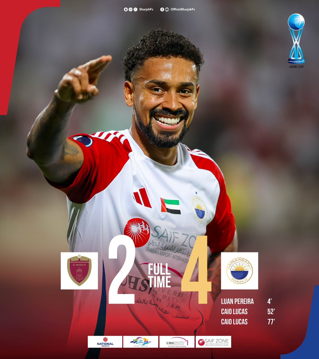 المـ👑ـلك يتأهل لنصف نهائي #كأس_مصرف_أبوظبي_الإسلامي بعد فوزه على ضيفه الوحدة برباعية مقابل هدفين، سجل للشارقة لوان بيريرا، كايو لوكاس (هدفين) وهدف للقائد شاهين عبدالرحمن