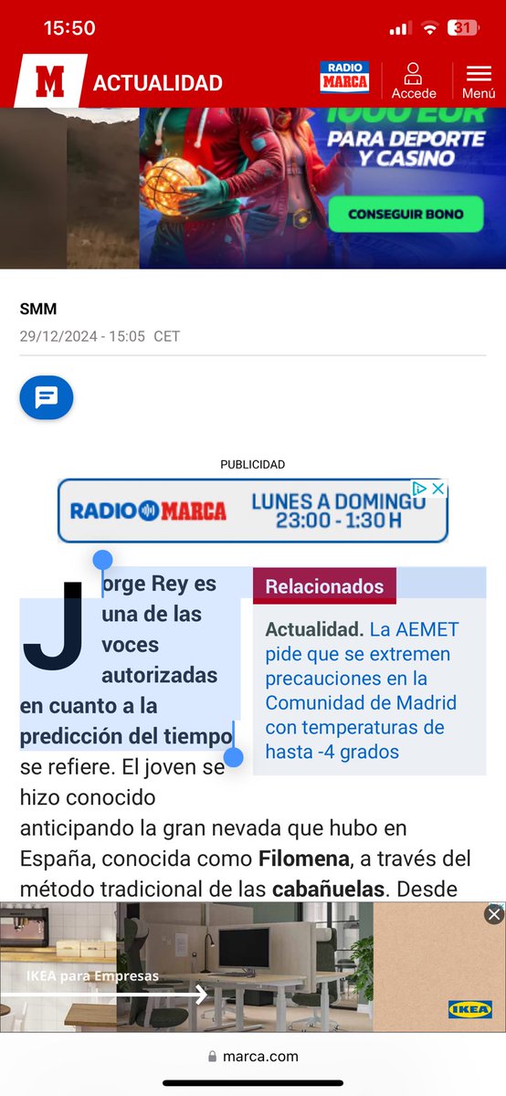 “Jorge Rey predice el cambio de tiempo en enero y la AEMET lo confirma”, 
“Jorge Rey es una de las voces autorizadas en cuanto a la predicción del tiempose refiere”, "Las cabañuelas me llevan tiempo avisando de un cambio relevante"…

Periodismo del bueno bueno bueno en <a href="/marca/">MARCA</a>