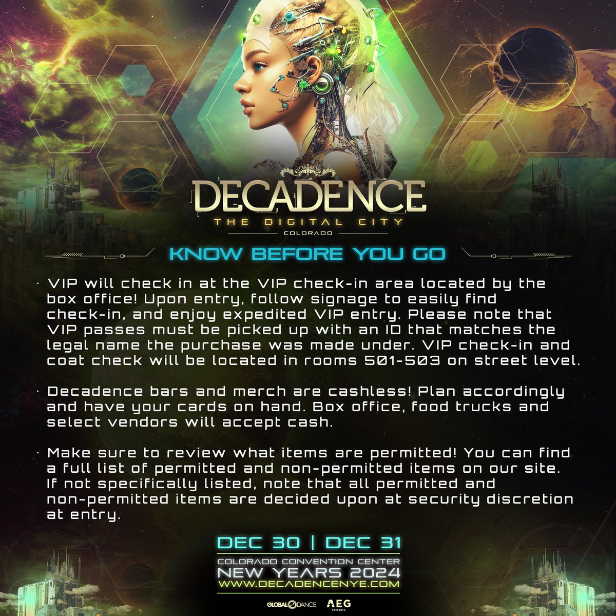 DecadenceNYE's tweet photo. Citizens, it's nearly time for our return to the Digital City! Prepare accordingly to ensure an easy and smooth experience at Decadence 🙌

Need your last minute tickets? Buy here ⏩ https://t.co/SP7GYM9jFs https://t.co/Gipq36g13h