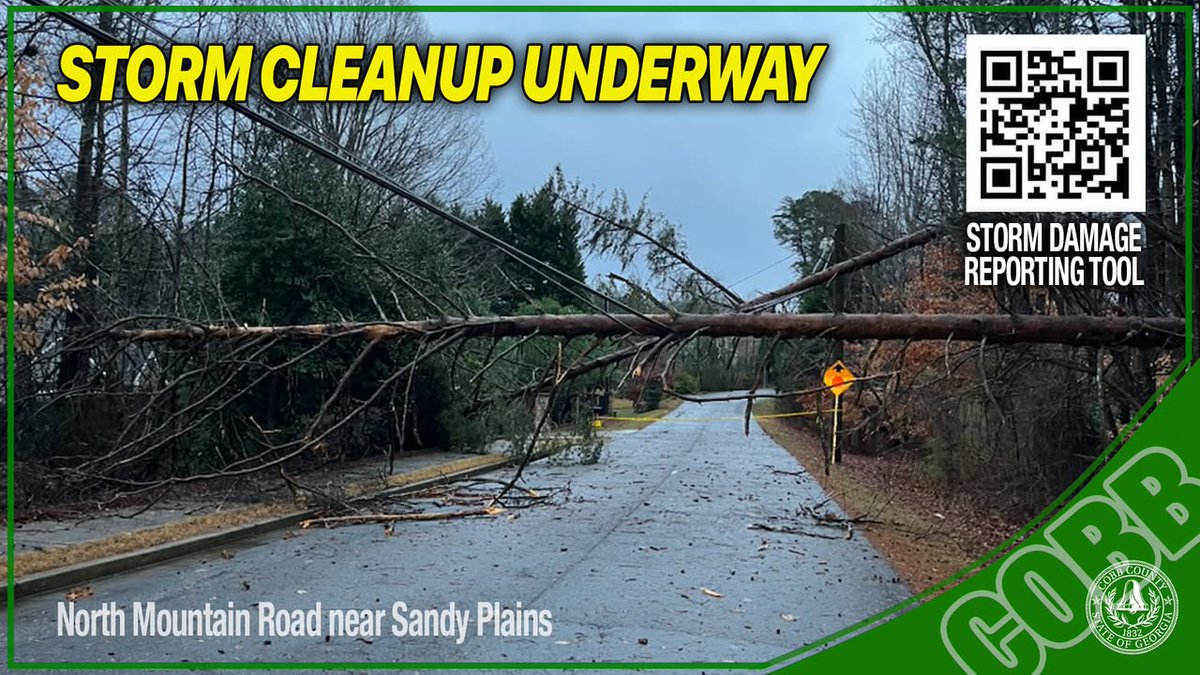 cobbcountygovt's tweet image. Use caution while traveling today as cleanup continues from overnight storms.  Damage has been reported across the county, and several roads remain closed as crews work to untangle trees that took down power lines.
Have damage?  Report it at
survey123.arcgis.com/share/df351313…