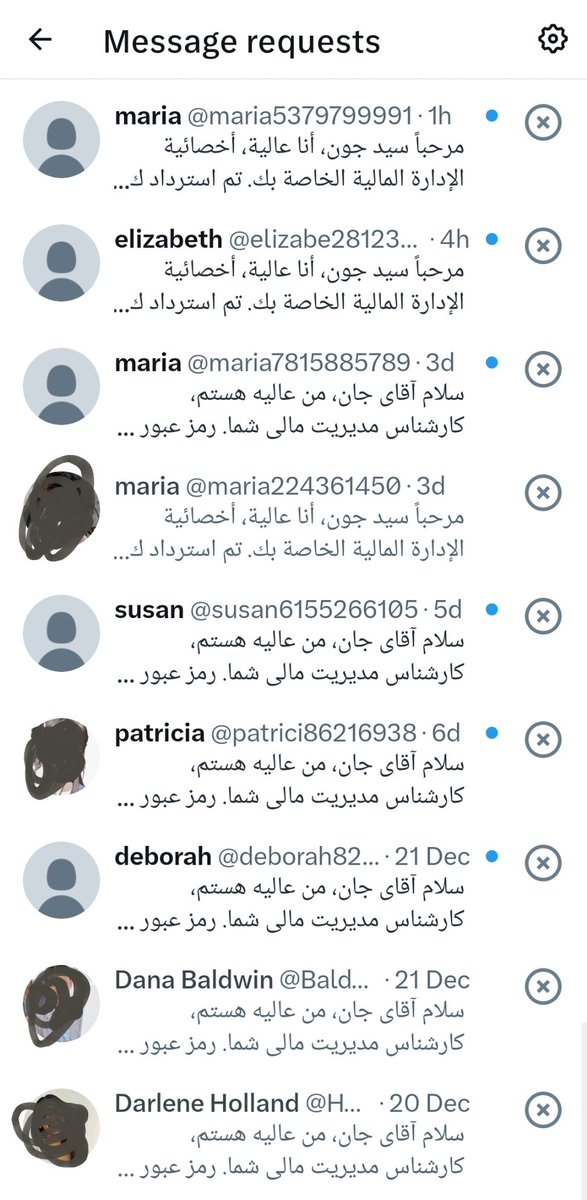 ستة:
سلام آقاي جان
ثلاثة:
 مرحبًا سيد جون، أنا عالية (ستحول لرصيدي ملايين الدولارات وكده)
الباقي: نسوي دعم لحسابك مشان يجيك أرباح

تويتر بقى شارع من ساعة ما بقى اكس