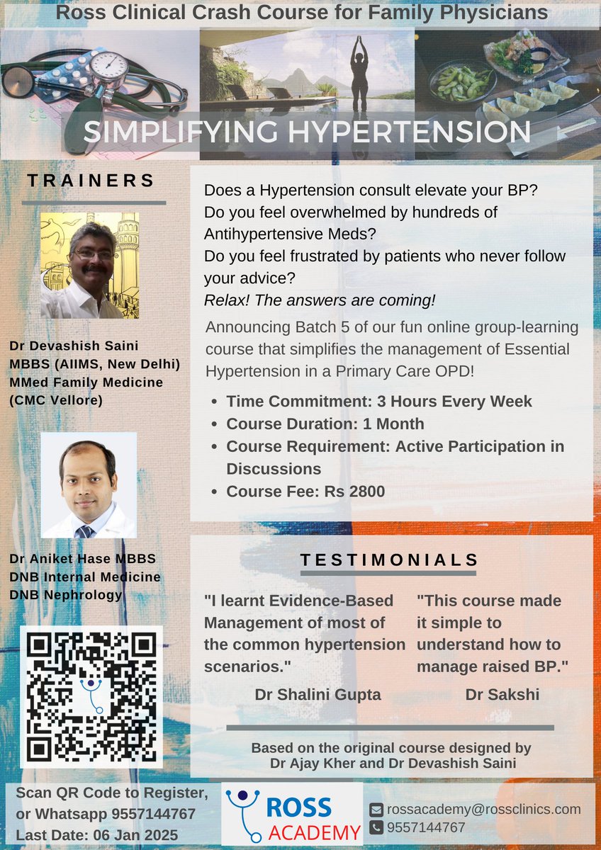 Ross Clinics (@rossclinics) on Twitter photo π©Ί Ross Clinical Crash Course for Family Physicians: Simplifying Hypertension π§π»ββοΈ
Does a Hypertension consult raise your BP? π
Join the 6th batch of this *fun course* to simplify Essential HTN in Primary Care! π€
Register here:
forms.gle/6yRf9pMcoT3aRKβ¦
π
Last date Jan 5 β° π©Ί Ross Clinical Crash Course for Family Physicians: Simplifying Hypertension π§π»ββοΈ
Does a Hypertension consult raise your BP? π
Join the 6th batch of this *fun course* to simplify Essential HTN in Primary Care! π€
Register here:
forms.gle/6yRf9pMcoT3aRKβ¦
π
Last date Jan 5 β°