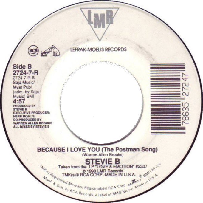 espofootball's tweet image. Dec29,1990 #StevieB is still at #1 on the billboard Hot100 singles chart with "Because I Love You (The Postman Song)" for the last week of a 4wk run at #1
