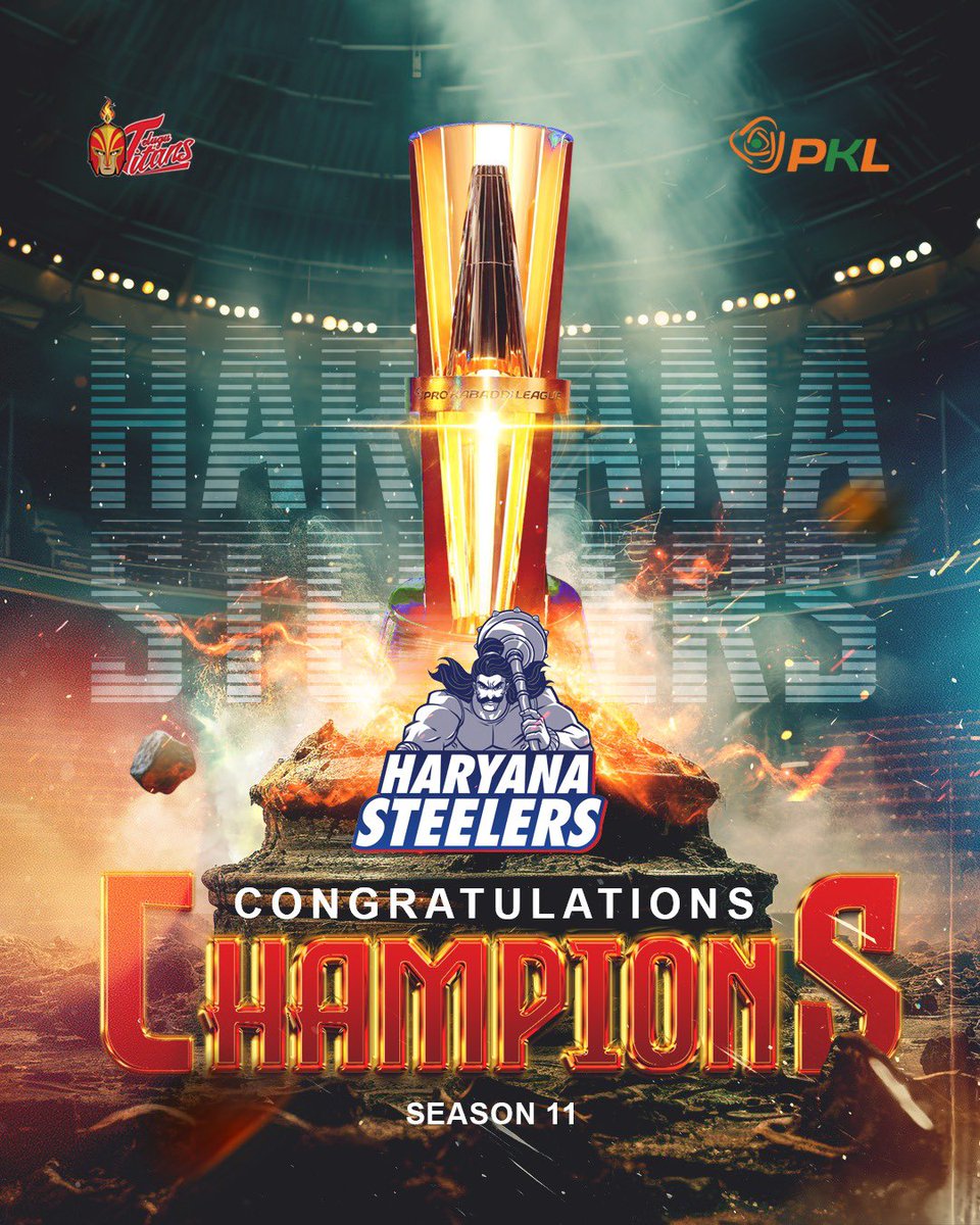 Telugu Titans (@telugu_titans) on Twitter photo Well done <a href="/HaryanaSteelers/">Haryana Steelers</a> ! Cheers to your 1st PKL championship victory!π
#TeluguTitans #Congrtulation #HaryanaSteelers #PKLVictory #PKL11Champions #KabaddiChampions #TitansArmy #Kabaddi #Prokabaddi #PKL11 #BattleOfBreath #LetsKabaddi #TeluguTitansTeam Well done <a href="/HaryanaSteelers/">Haryana Steelers</a> ! Cheers to your 1st PKL championship victory!π
#TeluguTitans #Congrtulation #HaryanaSteelers #PKLVictory #PKL11Champions #KabaddiChampions #TitansArmy #Kabaddi #Prokabaddi #PKL11 #BattleOfBreath #LetsKabaddi #TeluguTitansTeam