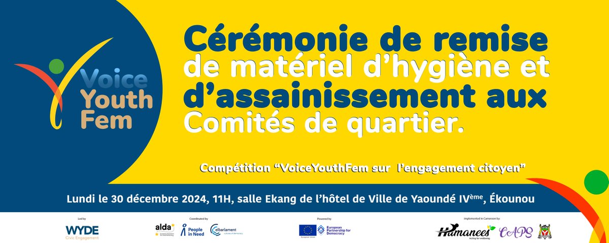 humaneesCMR's tweet photo. 🗣 #VoiceYouthFem

🎉 Cérémonie de Fin!🌟

📅 30/12/2024 | 🕚 10h | 📍Hôtel de Ville Yaoundé IV

💼 @humaneesCMR 

👥 with @CAPScmr &amp; #YaoundeIV District Council

💡 Led by #WYDE Civic Engagement

🤝 Coordo @ALDAeurope &amp; @people_in_need

🇪🇺 @UEauCameroun &amp; @EPDeu

#WYDEngagement https://t.co/QxoBaqhtfH