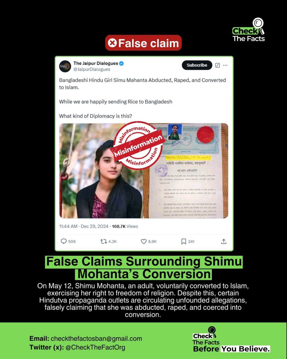 CheckTheFactOrg's tweet image. On May 12, Shimu Mohanta, an adult, voluntarily converted to Islam, exercising her right to freedom of religion. Despite this, certain Hindutva propaganda outlets are circulating unfounded allegations, falsely claiming that she was abducted, raped, and coerced into conversion.