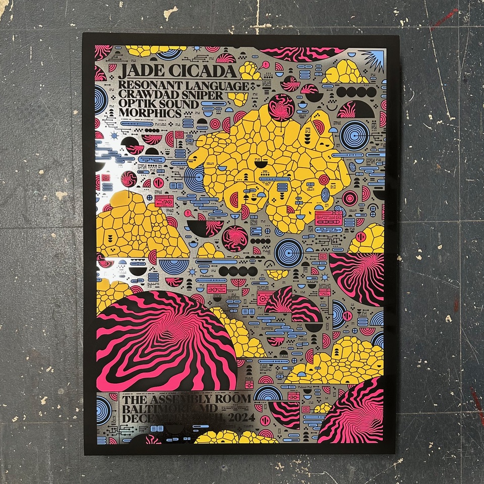 limited edition holographic 4 colour screenprinted poster for the <a href="/JadeCicada/">Jade Cicada ➡️ Bluesky/Threads</a> show last night! 💫