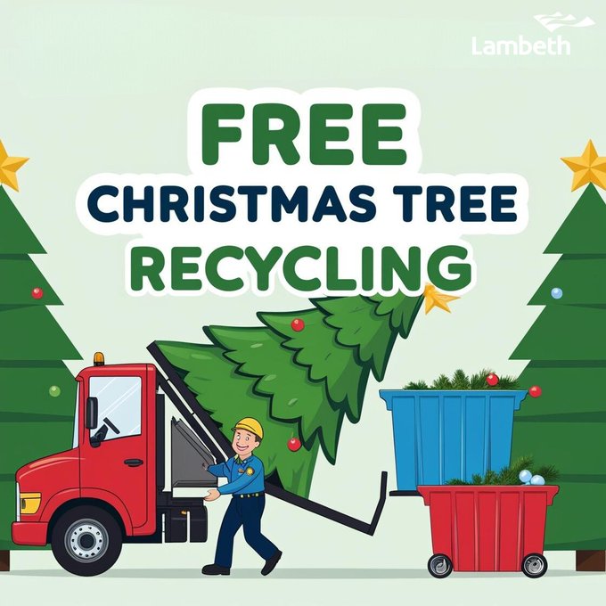 REMINDER:
Lambeth's free collection of Christmas trees does not start until NEXT week w/c Monday *6th January*

Please don't block pavements for wheelchair users and buggies by putting trees out before your usual collection day after Twelfth Night!

lambeth.gov.uk/rubbish-recycl…