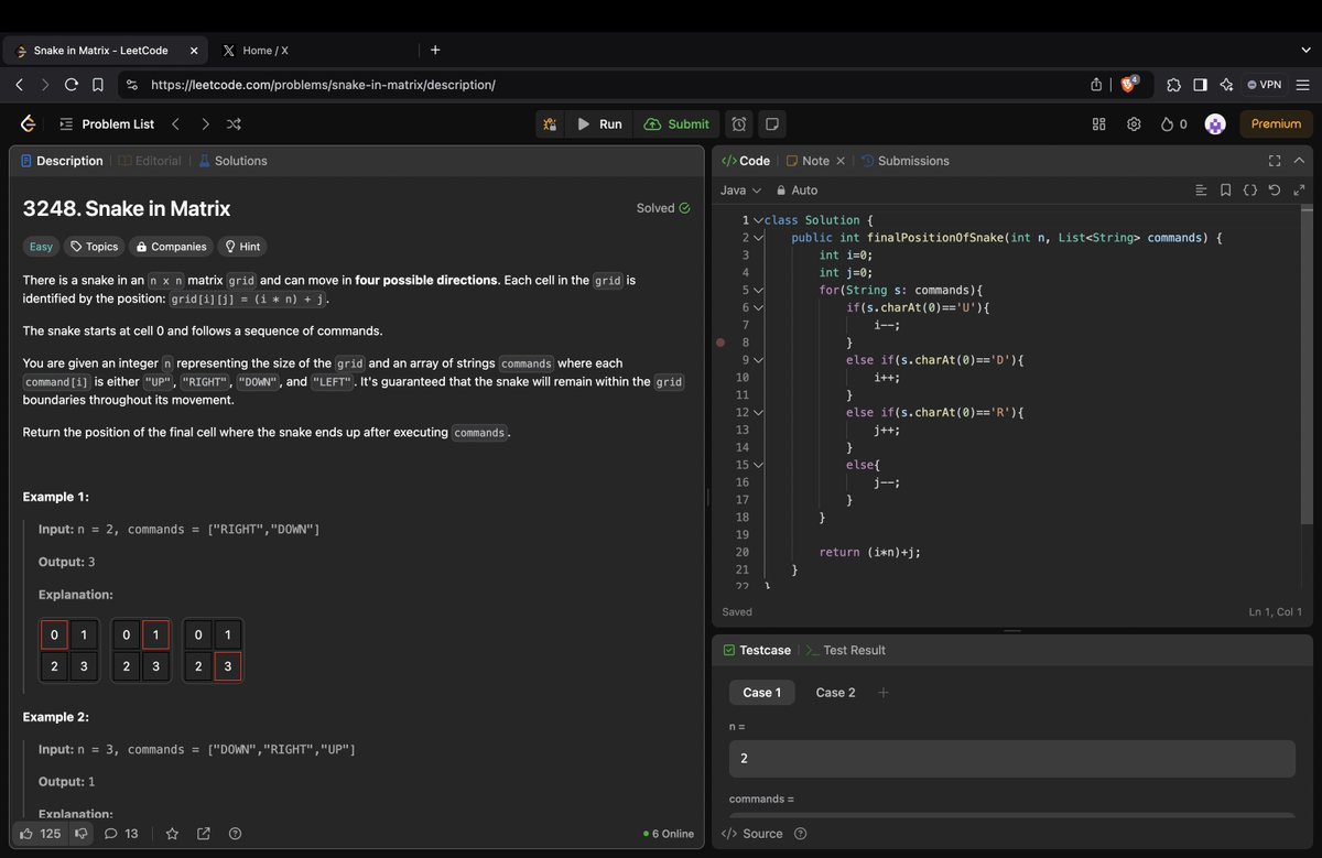 ShagunSharmaIT's tweet photo. 🚀 Day 28 of #100DaysOfCode
📝 Problem of the Day: Snake in Matrix
• Improved my understanding of 2D grid traversal and positional logic in Java.
#100DaysOfCodeChallenge #JavaProgramming #ProblemSolvingJourney #LearningDaily https://t.co/QPKI0I4wJZ