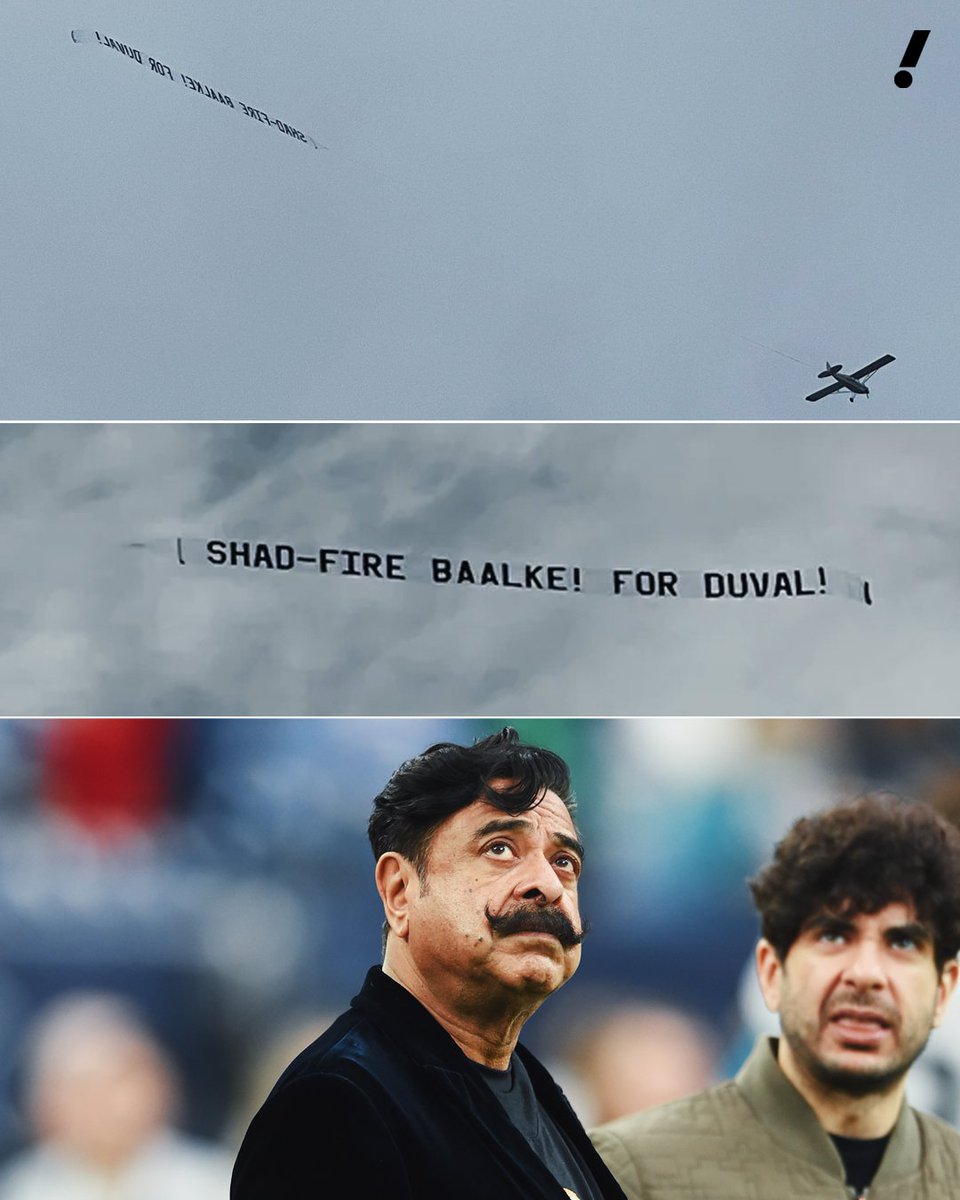 YahooSports's tweet photo. An airplane banner calling for Jaguars owner Shad Khan to fire GM Trent Baalke was seen flying near EverBank Stadium 😬 

(via Prognotperf / reddit) https://t.co/Hh9sTJ5HVL