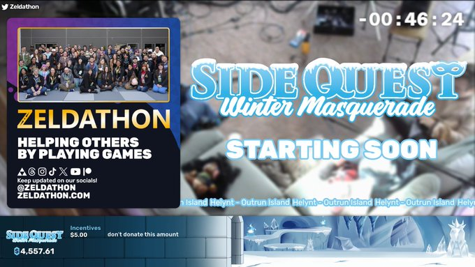 The Countdown for Side Quest: Winter Masquerade is underway! We are raising money for The Starlight Foundation <a href="/StarlightUS/">starlightUS</a> ! Head on over to zeldathon.com or twitch.tv/zeldathon for all the fun!