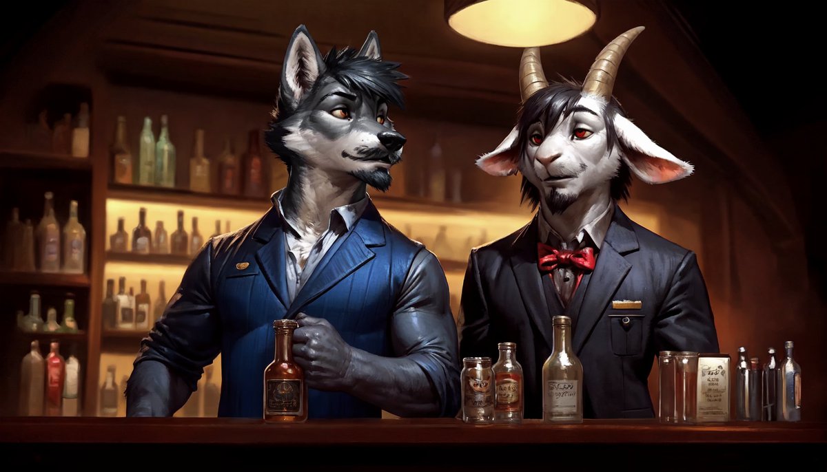 FerilosArt's tweet image. Some late Ai Art made by me
&quot;The Bartenders&quot;
Me / Niko  - @furroniko

#AIart #ai #stablediffussion #wolf #goat #rabbit #furry #furryartwork