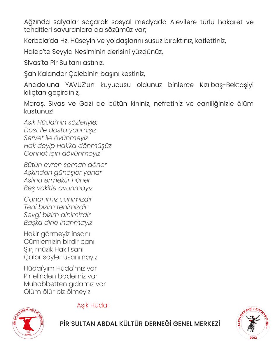 SURİYE’DE ALEVİ KATLİAMINI MEŞRULAŞTIRMAYA ÇALIŞANLARA AÇIK MEKTUP!
Suriye’de ki Alevi katliamına karşı ses çıkaranlara karşı ortaya atılan “Siyasal Alevi” söylemi üzerinden Alevilere dönük saldırıları meşrulaştırmaya çalışanlara cevabımızdır.
#Alevi
#SuriyedeAleviKatliamıVar