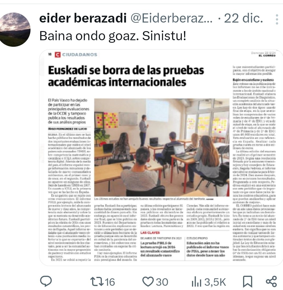 Zergatik ez dute gai hori jorratzen, adibidez, EHUko hiru Hezkuntza fakultateek? Ez al litzateke hobe jakitea zerk eta zerk ez duen funtzionatzen gure hezkuntza-sisteman, neurri aproposak hartzeko?
<a href="/EHIGE1/">EHIGE</a> <a href="/oianguGE/">Oiangu guraso elkartea</a> <a href="/teremaldon/">tere maldonado</a> <a href="/ahpsarea/">Amurrioko Hezkuntza Publikoaren Sarea</a> <a href="/abgurasoak/">Amara Berri Gurasoak</a> <a href="/alfretortillo/">Alfredo Retortillo</a> <a href="/i_lamarca/">Iñigo Lamarca Iturbe</a>