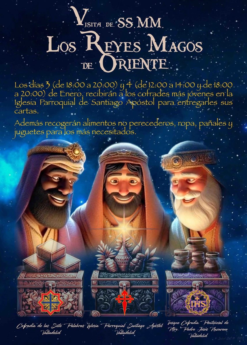 Los próximos días 3 y 4 de enero recibiremos a sus Majestades los Reyes Magos para que todos los niños puedan entregarles su carta.
Organizamos junto a UP El Salvador-Santiago y los hermanos de <a href="/nazarenovall/">Cofradía J.Nazareno</a>