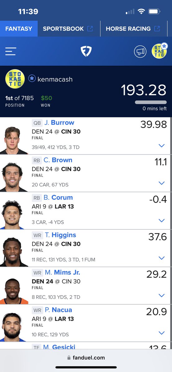 Man <a href="/StokasticHOF/">StokasticHOF</a> projections are absolutely dialed in right now 🔥

Took 1st, 2nd and 3rd in the 4:30 NFL 2-game slate yesterday 🙌🏼

Building that bankroll and couldn’t do it without the sims!