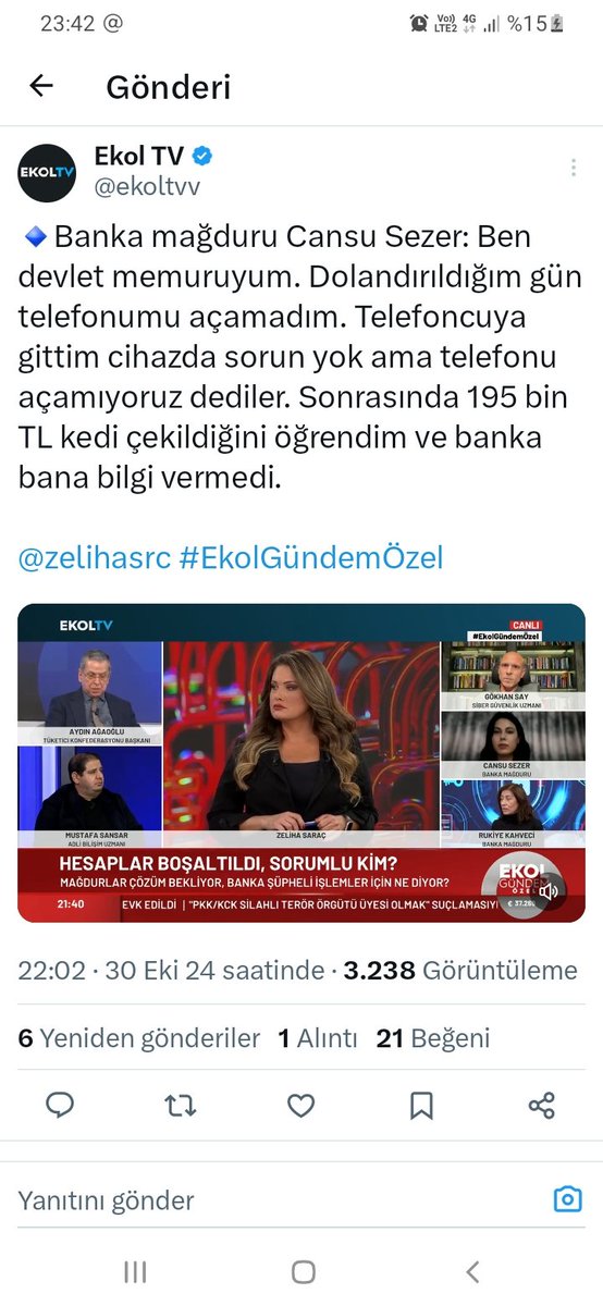 Bende <a href="/Akbank/">Akbank</a> ' İn güvenlik zaafları,  güvenlik duvarının beni korumamasi nedeni ile telefonuma sizilarak siber dolandiriciliğa maruz kaldım.  #akbankmagdurlari <a href="/atay0101/">hüseyin Atay</a> <a href="/aydinagaoglu/">Aydın Ağaoğlu (DM KAPALI)</a> <a href="/ckayacanan/">Canan Kaya</a> <a href="/serpilzeybek/">serpil zeybek</a> <a href="/ekoltvv/">Ekol TV</a> <a href="/Erol_Tasdelen34/">Erol Taşdelen-Ekomomist, Finans Danışmanı</a> <a href="/gergerliogluof/">Ömer Faruk Gergerlioğlu</a> <a href="/ersincmt/">Ersin Çahmutoğlu</a> <a href="/EymebB22745/">musa bıber</a>