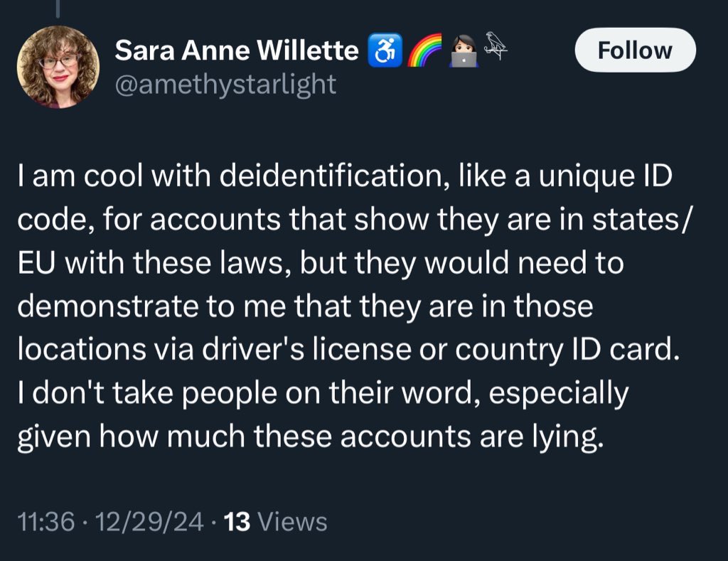 pot8um's tweet photo. Okay so now Sarah needs even *more* personal info— your drivers license or country-issued ID— in order to be removed from her dox list.

Don’t wanna get doxxed by an actively spiraling fraud who got a police scanner and toy badge for christmas? Cough up those private records! 🫵 https://t.co/fISgl7wbQv