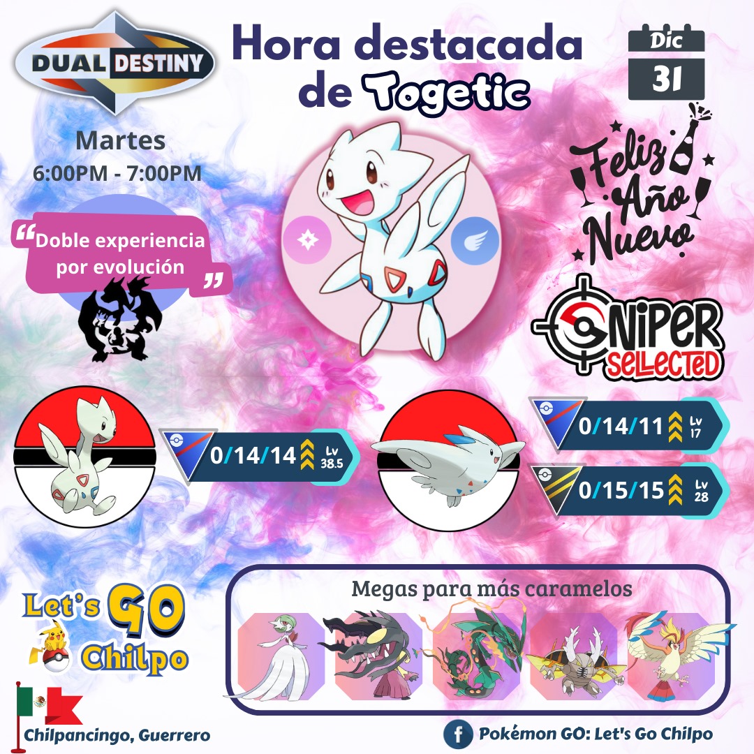 Cur1ta's tweet photo. TRAINERS...
♦️• Les dejamos todos los detalles de la hora destacada que está ocasión traerá como protagonista a Togetic 
♦️• Martes 31 de Diciembre de 6:00 a 7:00 pm
♦️• Bonus: Doble Experiencia por evolución 
#PokémonGO #Spotlighthour
#PokémonGOChilpancingo https://t.co/45ylN5GA83
