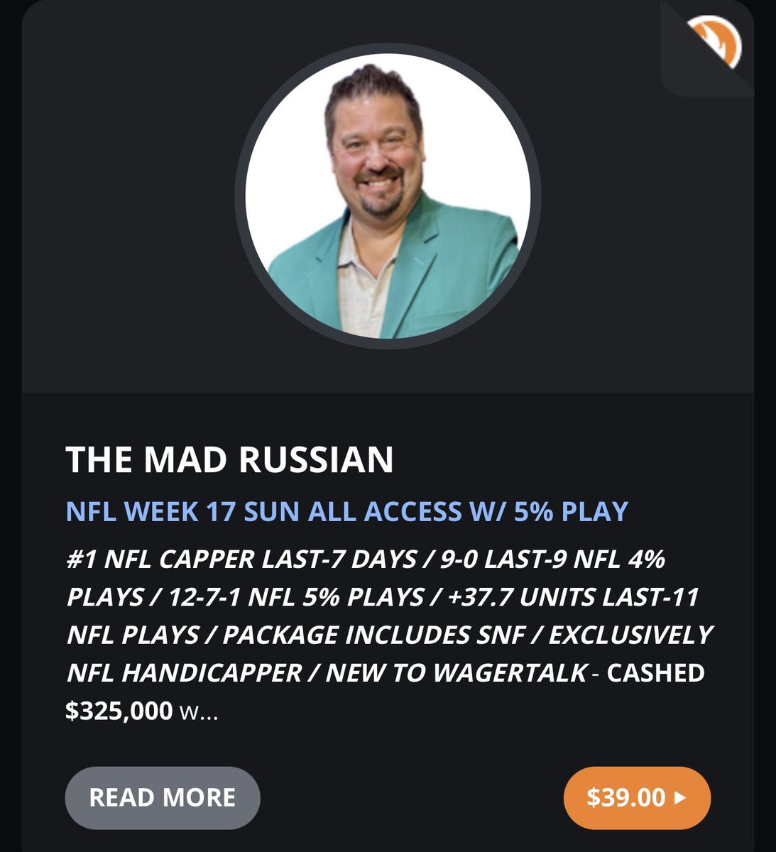 MadRussianNFL's tweet image. NFL Week 17 All Access available for $39.  Includes my 5% play (12-7-1 on year), (3) 4% Plays (9-0 Last-9 4%) and SNF Play (7-Straight Primetime Wins / 11-0 Last-11 Standalone Games).  +37.7 Units Last-11 Plays, #1 @WagerTalk NFL Capper last 7 Days, Go to: wt.buzz/mr