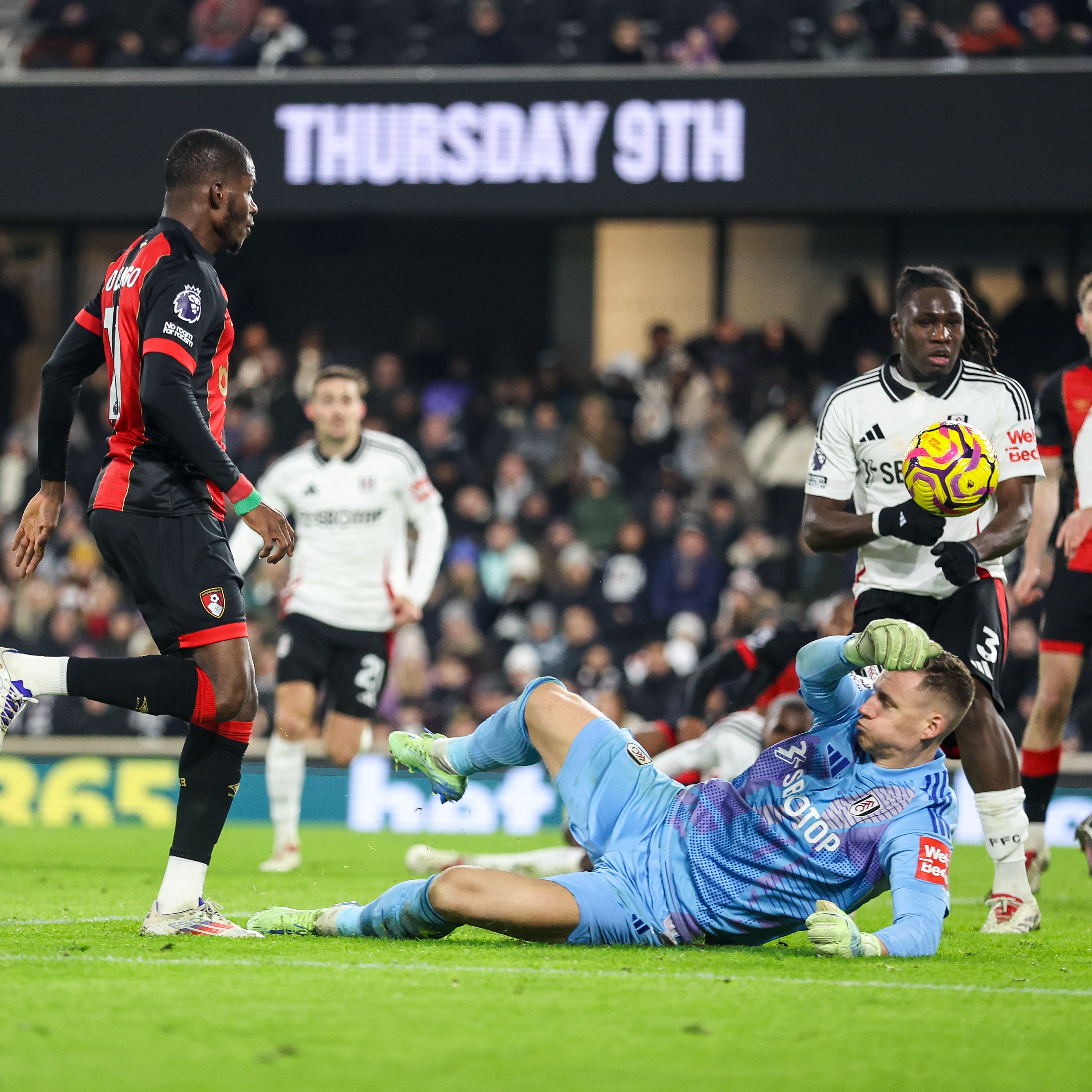 Dango Ouattara chips the ball past Leno.