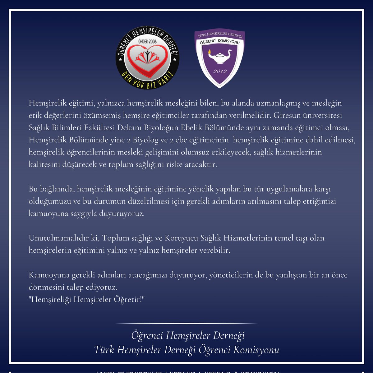 ohder2006's tweet photo. "Hemşireliği Hemşireler Öğretir!"

Hemşirelik mesleği bireyin onuruna ve sağlığına bütüncül bir bakış açısı ile bakım veren bireye odaklı bir meslektir. 1954 yılında kanunu çıkmış ve 1955 yılında ilk lisans eğitimini vermeye başlayarak varlığını sürdüren köklü bir profesyonellik sürecine sahiptir.

Mesleğimizin üniversitelerde lisans süreçlerinin üzerine lisansüstü süreçleri de dahil olmuştur. Kliniğe ve akademiye kendi meslek grubuna mensup meslektaşlarını yetiştirmektedir.

Fakat son dönemler de hemşirelik eğitimine 
alan dışı eğitmenlerin  dahil edilmesi, hem mesleki yeterliliklerin aktarılmasında eksikliklere yol açacak hem de hemşirelik mesleğinin bilimsel ve uygulamalı temellerine zarar verecektir.

Hemşirelik eğitimi, yalnızca hemşirelik mesleğini bilen, bu alanda uzmanlaşmış ve mesleğin etik değerlerini özümsemiş hemşire eğitimciler tarafından verilmelidir.

#HemşirelikEğitiminiHemşirelerVerir

@YuksekogretimK
@erolozvar
@gorkemgulsoyy
@AzizeAtli
@thd_genelmerkez
@thd_ok
@GiresunEduTr