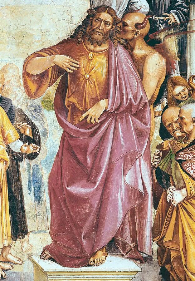 ferithanim's tweet photo. Batı’nın şizofrenisini (düalist zihnini) çok iyi özetleyen Luca Signorelli’nin 1504’te resmettiği “Deccal'in Vaazları, The Preaching of the Antichrist” eserinde Deccal’in kolu İsa’nın koluyken İsa’nın elbisesi de Deccal’i örtmektedir. Üç yüzlü ana tanrıçadan doğan iki çocuktur Mesih ve Deccal. 
“İyinin ve Kötünün Ötesinde-Türklerin Şeytanla Ne İşi Olur?” adlı makalem @GungenWorld’de.