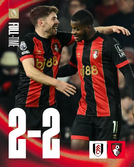 Full-time graphic. Fulham 2-2 AFC Bournemouth.