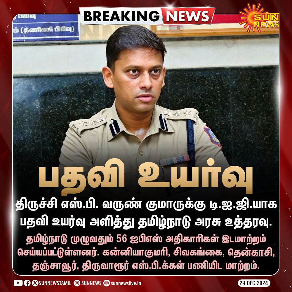sunnewstamil's tweet image. #BREAKING | திருச்சி எஸ்.பி. வருண் குமாருக்கு டி.ஐ.ஜி.யாக பதவி உயர்வு!

#SunNews | #VarunKumarIPS | #TNPolice
