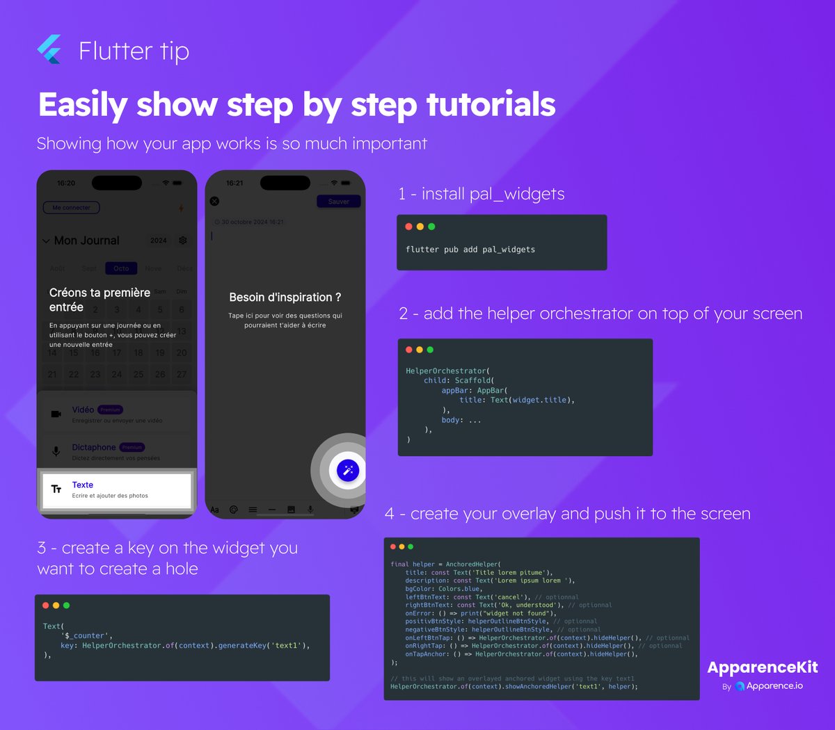 mcflyDev's tweet image. 🧐 Flutter tips 
How to create a gorgeous tutorial to onboard your users

#flutterdev #fluttertips #refactoring