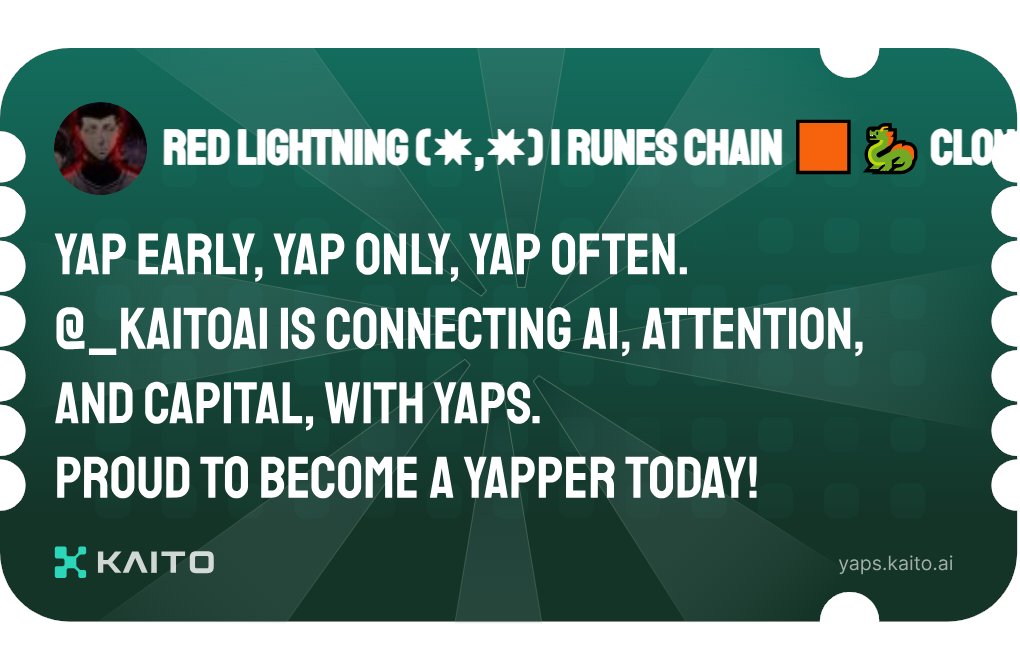 Yap early, yap only, yap often.

@_kaitoai is connecting AI, attention and capital with Yaps.

Just claimed my social card and I'm accumulating Yap points in real-time.

Claim yours 👉 Yap early, yap only, yap often.