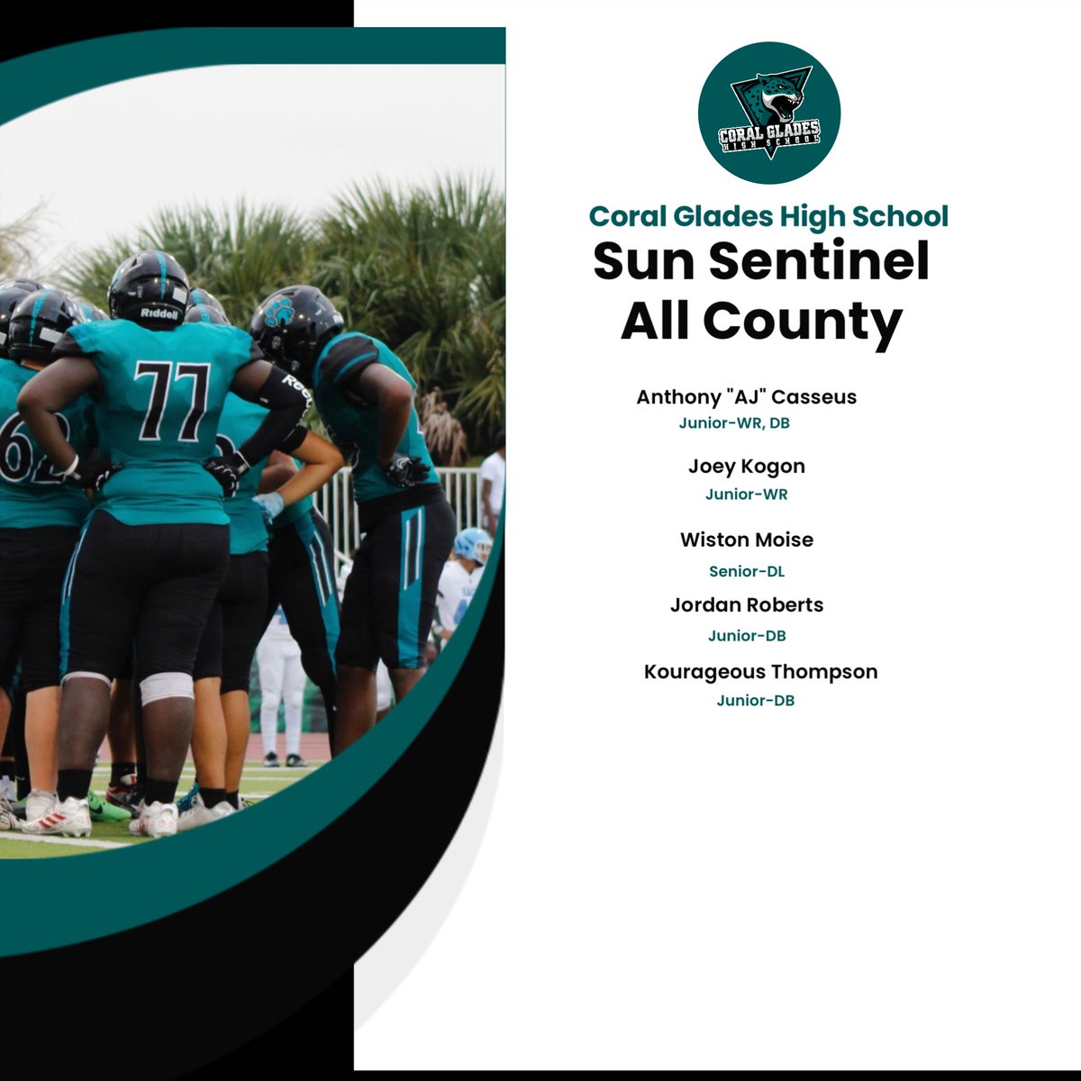 Comgatulations to JagNation football players 
on being named Sun Sentinel All County Football  Honorable Mention.  Hard work pays off and the future is bright