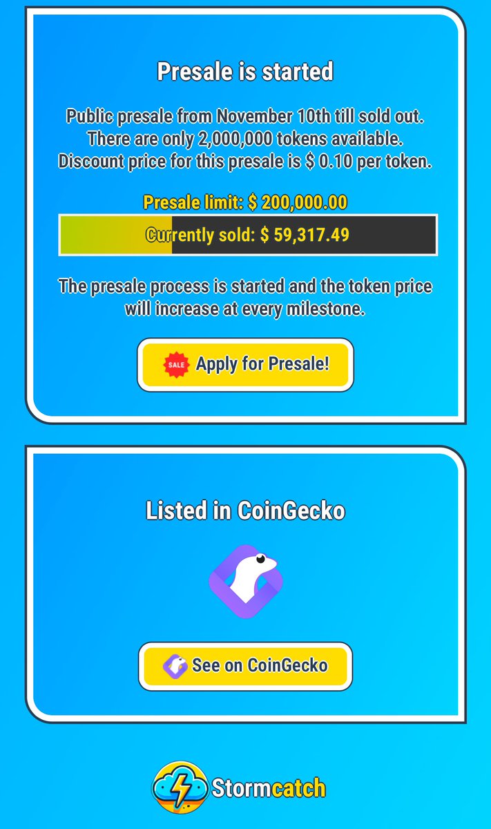 StormcatchToken's tweet photo. A Phenomenal Start! ⚡️

We’re thrilled to announce that the Stormcatch Token (SCATCH) presale is going stronger than ever!

With almost $60,000 already raised out of the $200,000 target, we’re not just gaining momentum—we’re making waves in the crypto space!

The incredible interest and support we’re receiving confirm what we’ve believed from the start: SCATCH is not just another token. It’s a groundbreaking project focused on revolutionizing robotics, AI, and reputation systems.

🌟 But that’s not all! Our team is already working on global exchange listings with some of the best in the market. This means Stormcatch Token is set to make its mark on the world stage very soon.

A huge thank you to everyone who’s joined us on this journey so far. Your belief in our vision fuels our drive to deliver. If you haven’t joined yet, there’s still time to be part of this revolution.

Together, we’re building the future of robotic payments, identification, and trust systems. Let’s make history together. 🦾