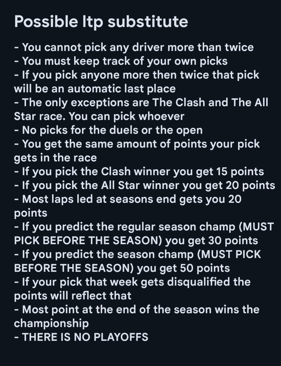 With <a href="/LefturnPredicts/">Left Turn Predictions</a> and <a href="/nascarfrye9/">🗑️ CHRISTOPHER FRYE 🗑️</a> taking 2025 off I decided that I didn't want to give people nothing to do. So I've created a substitute predictions league for 2025. It's going to be a great time!