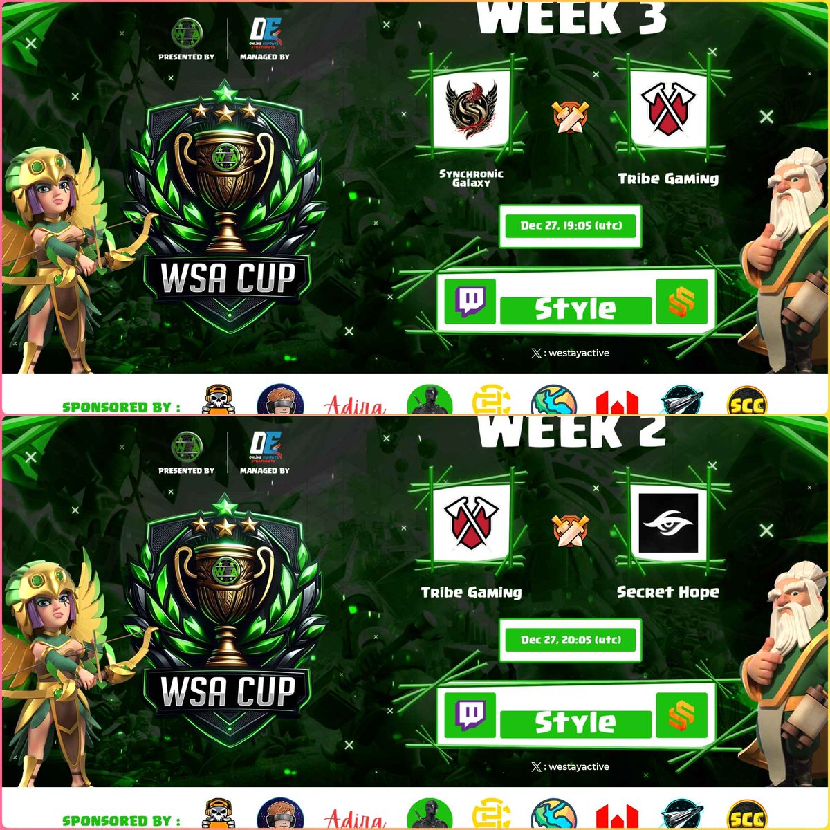 🟣 LIVEEEEEEE!

Segundo Stream del Día con el Dreamteam de Tribe Gaming! 😍

🏆 WSA Cup

✅ Tribe Gaming 🆚 Synchronic Galaxy
✅ Tribe Gaming 🆚 Secret Hope

TODO el MUNDO para DENTRO! 😍

📺 twitch.tv/style_coc