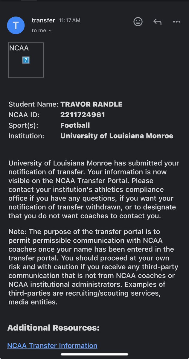 Officially in the Transfer Portal!!! Thank you ULM!
<a href="/CollegeFBPortal/">College Transfer Portal</a>