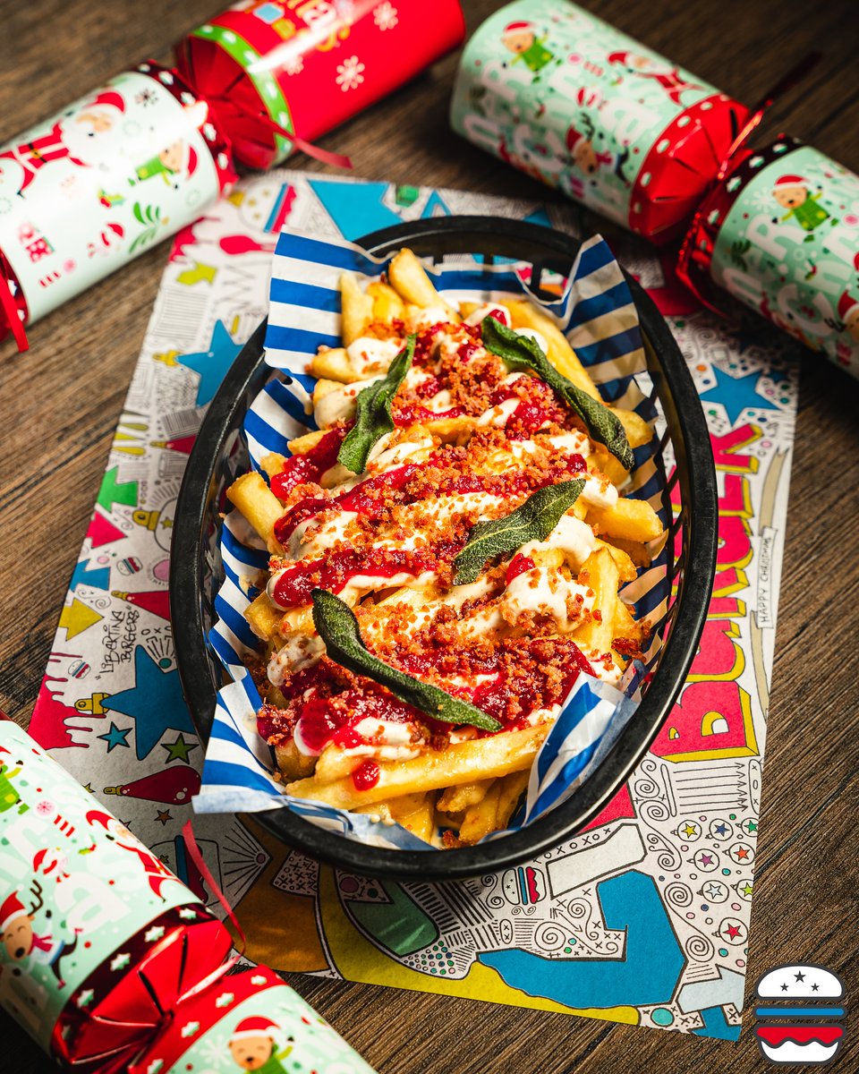 We've all eaten to excess but that doesn't stop us drooling over these fabulously festive loaded fries from the awesome <a href="/libertineburger/">Libertine Burger</a>! And, they're served with two greaseproof paper designs!! 😍