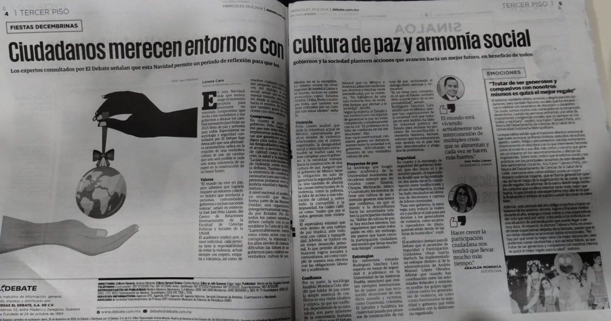 José Joel Peña Llanes (@joelpena89) on Twitter photo ❇️ Comparto el artículo de <a href="/LorenaCaro/">LorenaCaro ♛</a> “Ciudadanos merecen entornos con cultura de paz y armonía social” publicado en el periódico 🗞️ <a href="/ELDEBATE/">Debate</a>. Muchas gracias por incluir algunas reflexiones personales.
➡️ debate.com.mx/sinaloa/culiac…
☮️ <a href="/UNAM_MX/">UNAM</a> <a href="/UNAM_FCPyS/">FCPyS-UNAM</a> <a href="/cri_fcpys/">Centro de Relaciones Internacionales</a> <a href="/COMEXI/">COMEXI</a> ❇️ Comparto el artículo de <a href="/LorenaCaro/">LorenaCaro ♛</a> “Ciudadanos merecen entornos con cultura de paz y armonía social” publicado en el periódico 🗞️ <a href="/ELDEBATE/">Debate</a>. Muchas gracias por incluir algunas reflexiones personales.
➡️ debate.com.mx/sinaloa/culiac…
☮️ <a href="/UNAM_MX/">UNAM</a> <a href="/UNAM_FCPyS/">FCPyS-UNAM</a> <a href="/cri_fcpys/">Centro de Relaciones Internacionales</a> <a href="/COMEXI/">COMEXI</a>
