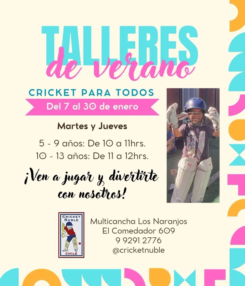Este verano volveré a dictar los talleres de verano para que las infancias de #Chillán y #ChillánViejo conozcan el cricket 🏏🌈💗

Gracias a <a href="/CricketNuble/">Cricket Ñuble</a> estas actividades son gratuitas, así que solo necesitan las ganas, protector solar y sus botellas con agua 😋